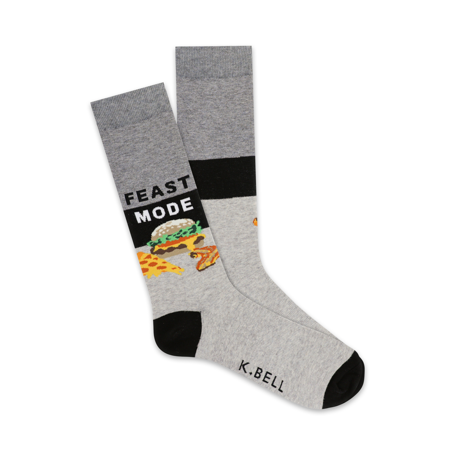 Pair of grey crew socks with black accents.  Design features a burger, pizza slices, and 'FEAST MODE' text.