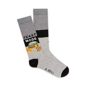 men's gray crew socks with black toes and heels feature "feast mode" text and burger, pizza, and cake graphics.  