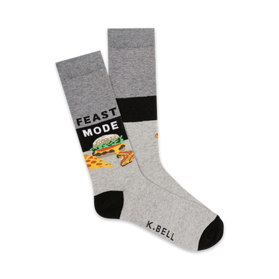 men's gray crew socks with black toes and heels feature "feast mode" text and burger, pizza, and cake graphics.  