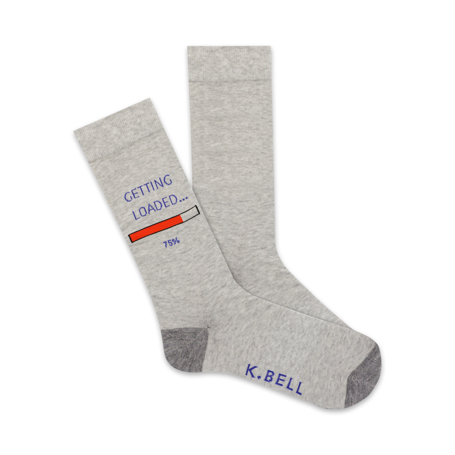 Pair of grey crew socks with a playful 'Getting Loaded...' graphic and a progress bar at 75%.  K.Bell logo on the bottom.
