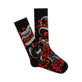 Black crew socks with a detailed Japanese-style tattoo print of a grey snake and red chrysanthemum flowers. 