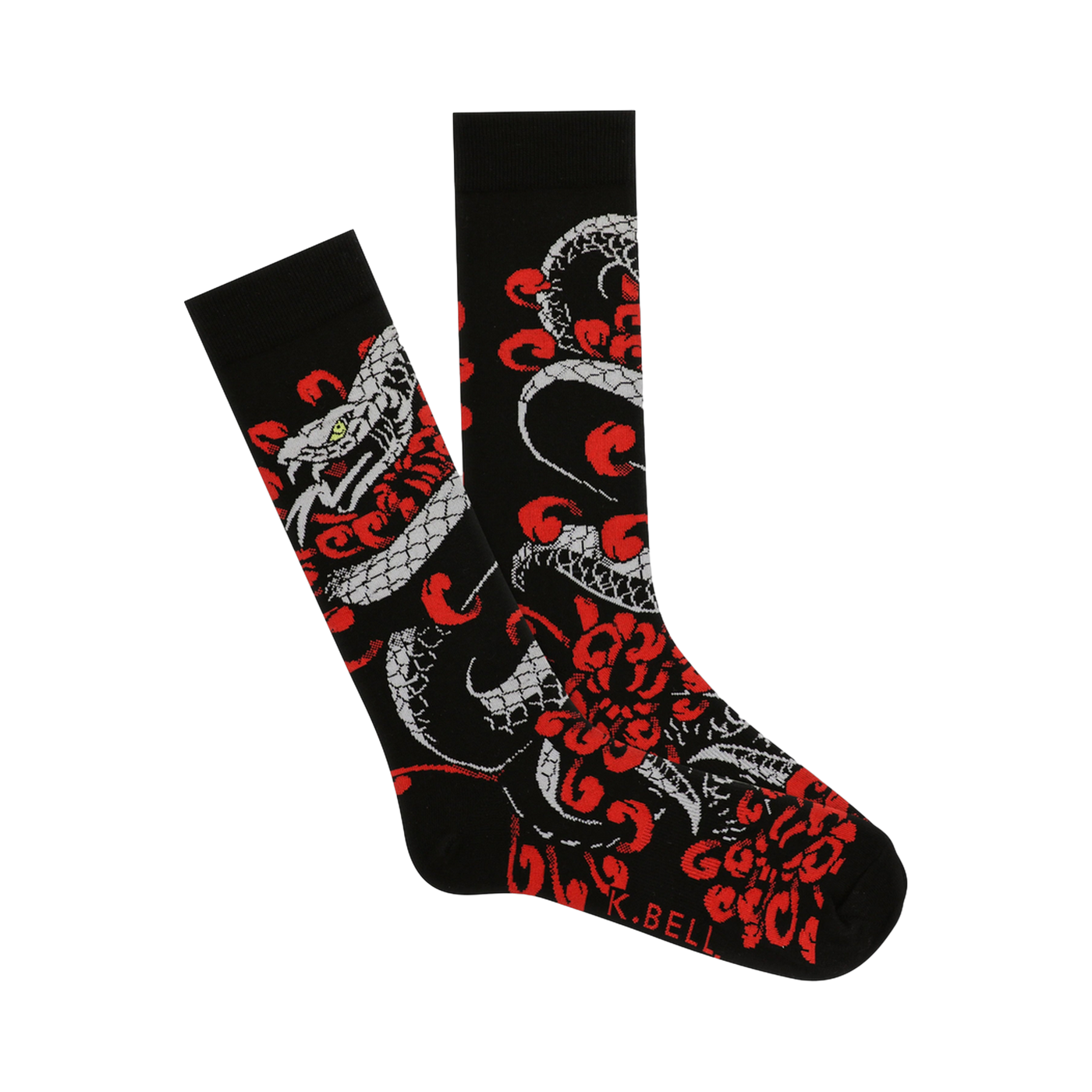 Black crew socks with a detailed Japanese-style tattoo print of a grey snake and red chrysanthemum flowers. 