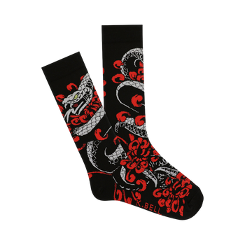 Black crew socks with a detailed Japanese-style tattoo print of a grey snake and red chrysanthemum flowers. 