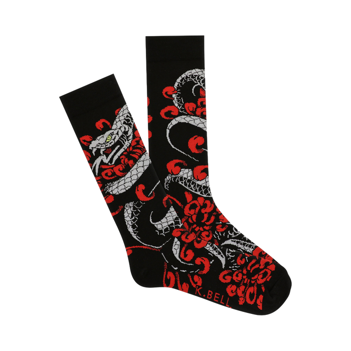 Black crew socks with a detailed Japanese-style tattoo print of a grey snake and red chrysanthemum flowers.  }}