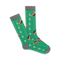 Pair of green crew socks with footballs and yard lines.  Gray top trim.  Fun and sporty design.