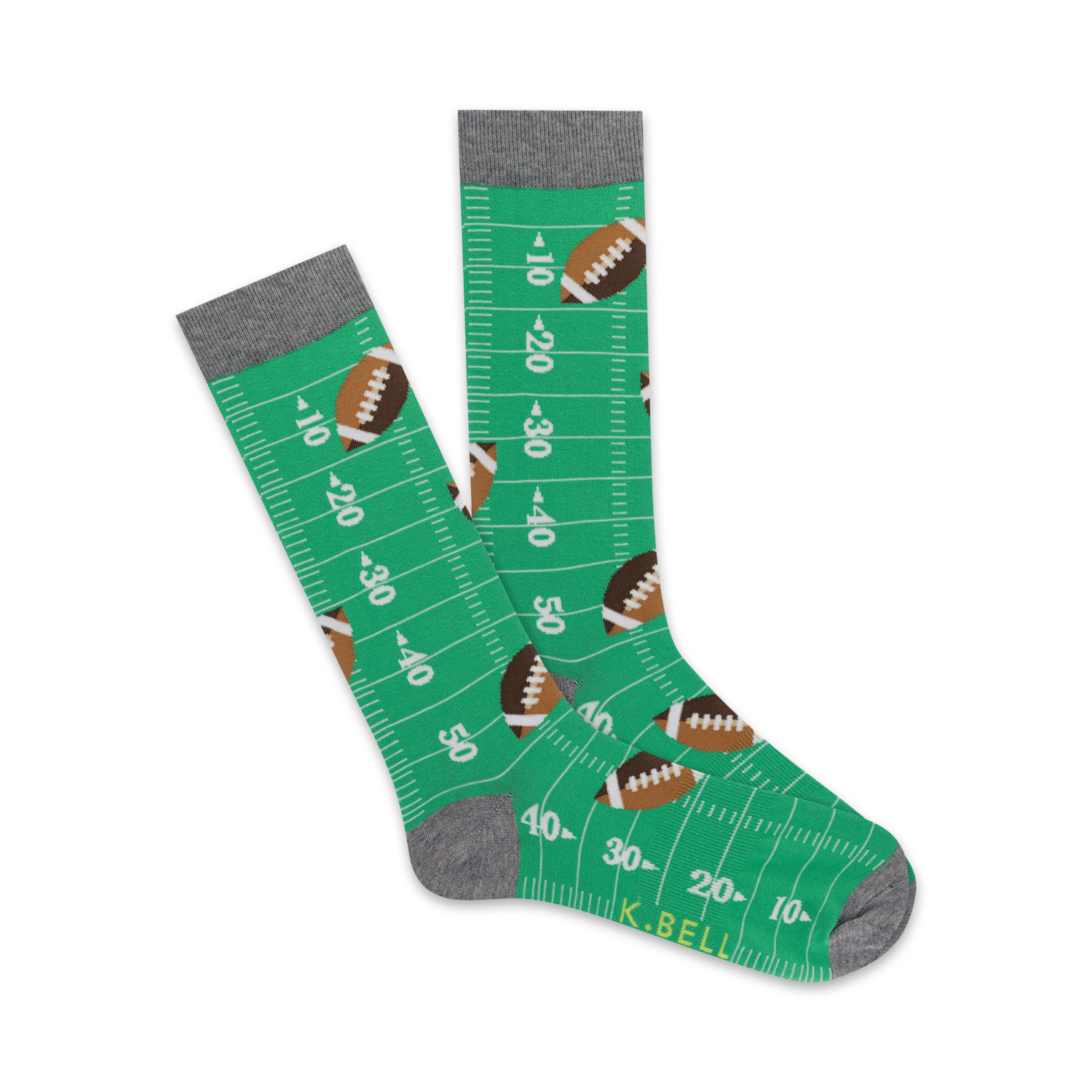 Pair of green crew socks with footballs and yard lines.  Gray top trim.  Fun and sporty design.