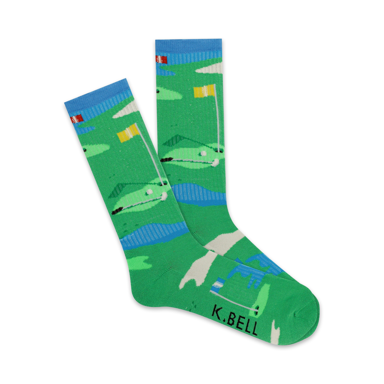 Pair of crew socks showcasing a playful golf course design. Predominantly green with blue water features and yellow flags.  'K.BELL' is subtly printed on the sole.