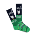 Pair of green and navy blue crew socks. Design includes golf balls on tees, putters, golf carts, and the text 'Life is Better on the Green'.