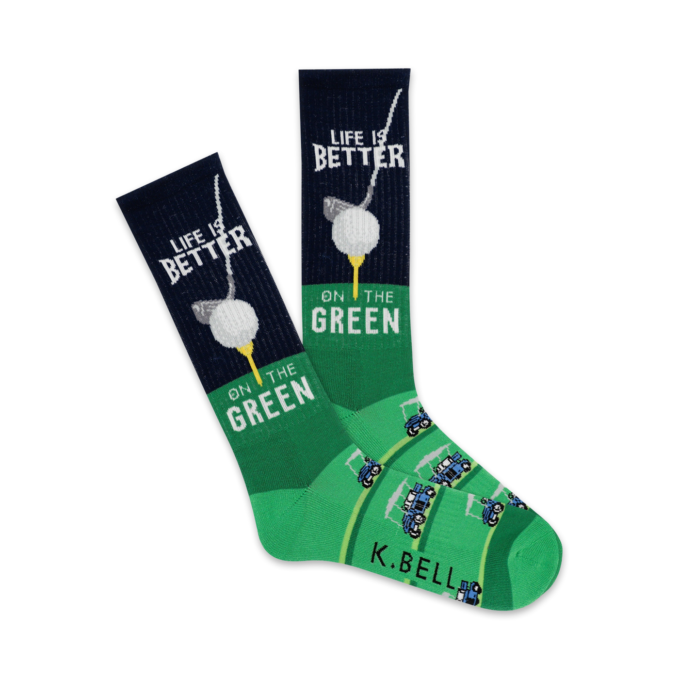 Pair of green and navy blue crew socks. Design includes golf balls on tees, putters, golf carts, and the text 'Life is Better on the Green'.