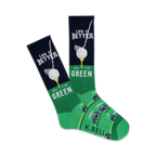 Pair of green and navy blue crew socks. Design includes golf balls on tees, putters, golf carts, and the text 'Life is Better on the Green'.