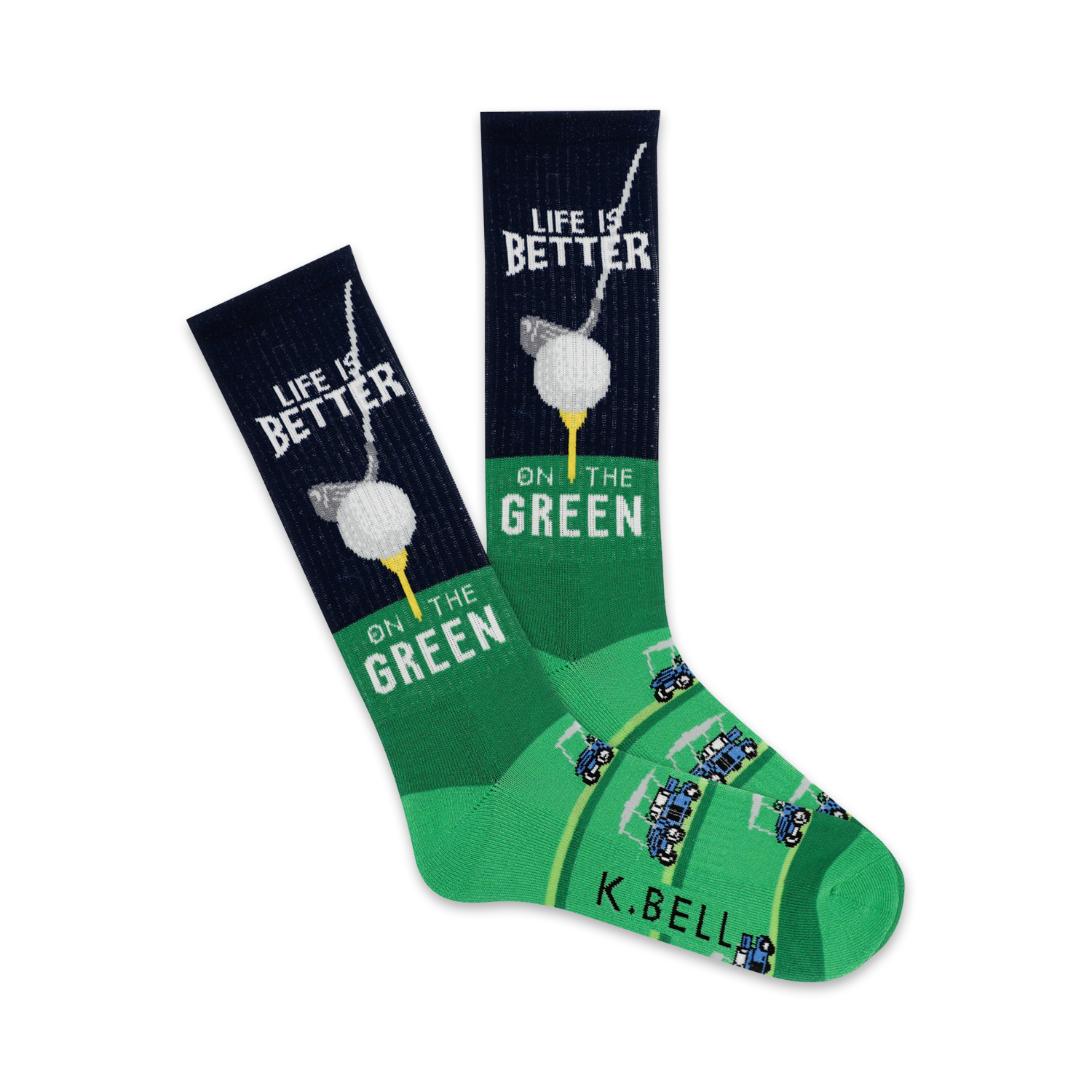 Pair of green and navy blue crew socks. Design includes golf balls on tees, putters, golf carts, and the text 'Life is Better on the Green'.