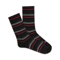 Pair of crew socks in dark base with metallic red, gray, and blue horizontal stripes.