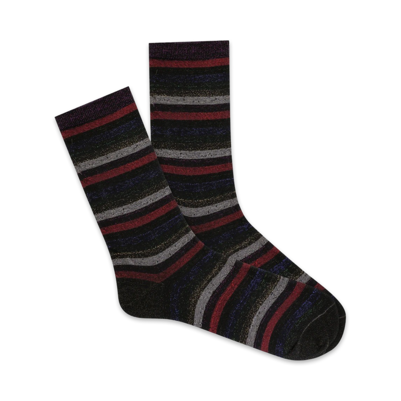 Pair of crew socks in dark base with metallic red, gray, and blue horizontal stripes.
