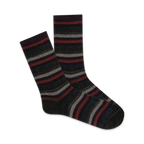 Pair of crew socks in dark base with metallic red, gray, and blue horizontal stripes.
