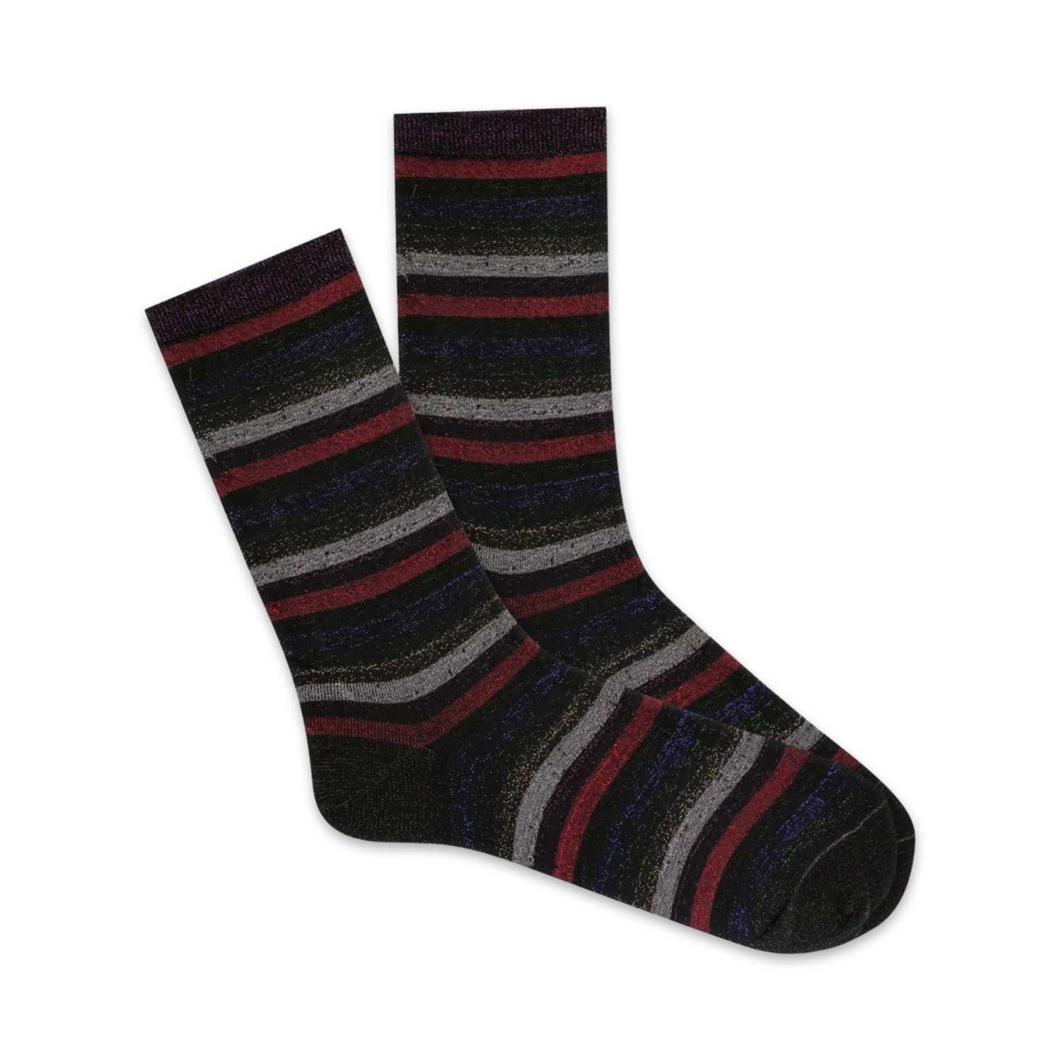 Pair of crew socks in dark base with metallic red, gray, and blue horizontal stripes.