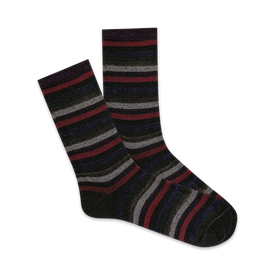 black crew socks with horizontal metallic stripes in red, purple, blue, and gold for women   
