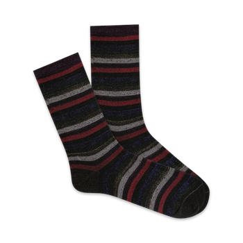 black crew socks with horizontal metallic stripes in red, purple, blue, and gold for women   