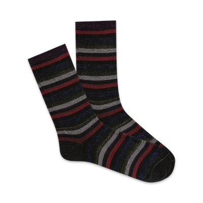 black crew socks with horizontal metallic stripes in red, purple, blue, and gold for women   