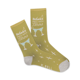 yellow "drinks well with others" women's alcohol themed crew socks with two clinking martini glasses.  