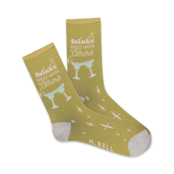 yellow "drinks well with others" women's alcohol themed crew socks with two clinking martini glasses.  
