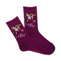 Pair of purple crew socks featuring a calico cat sprawled amidst yarn, a phone, and a bowl. Text reads, "Lazy Days."