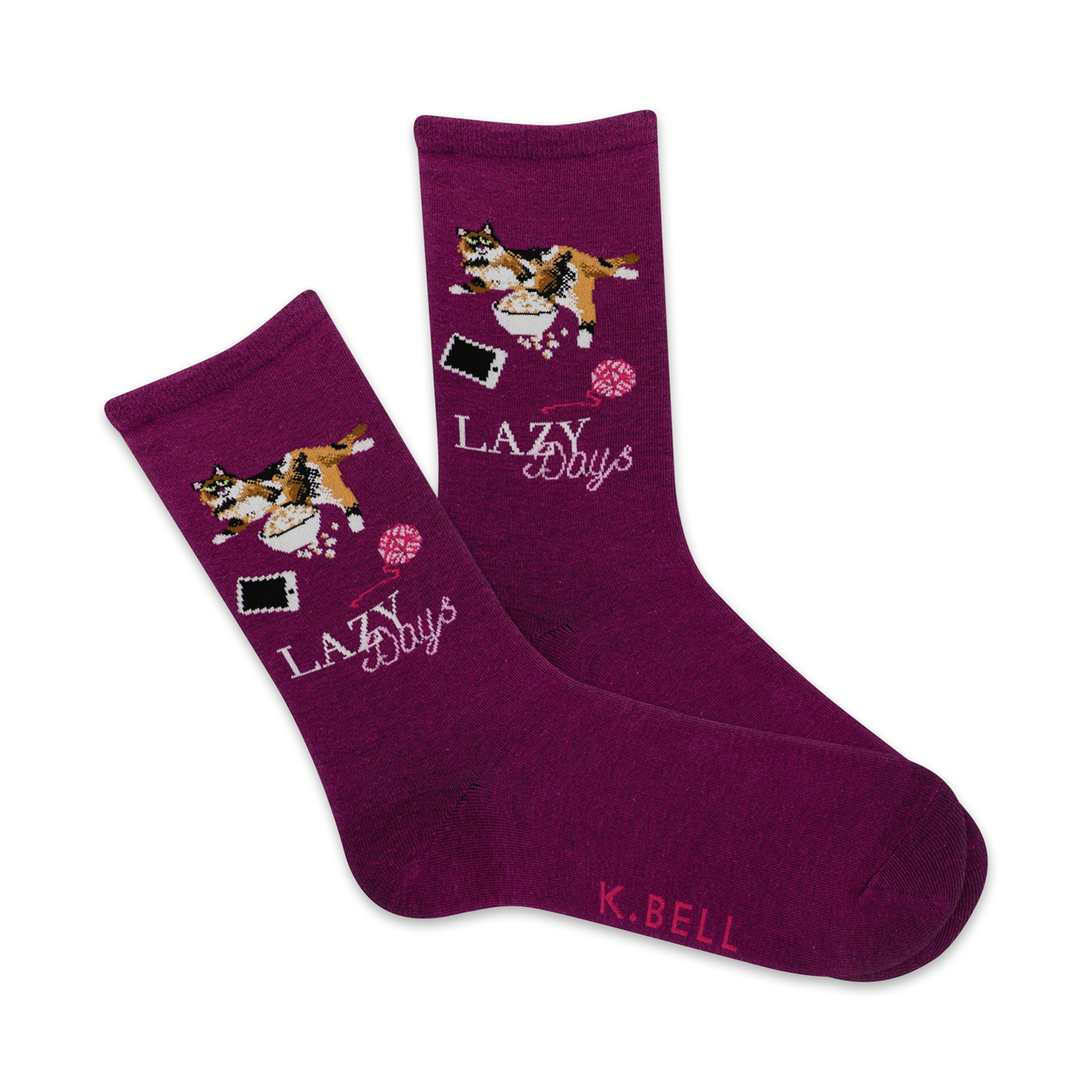 Pair of purple crew socks featuring a calico cat sprawled amidst yarn, a phone, and a bowl. Text reads, "Lazy Days."