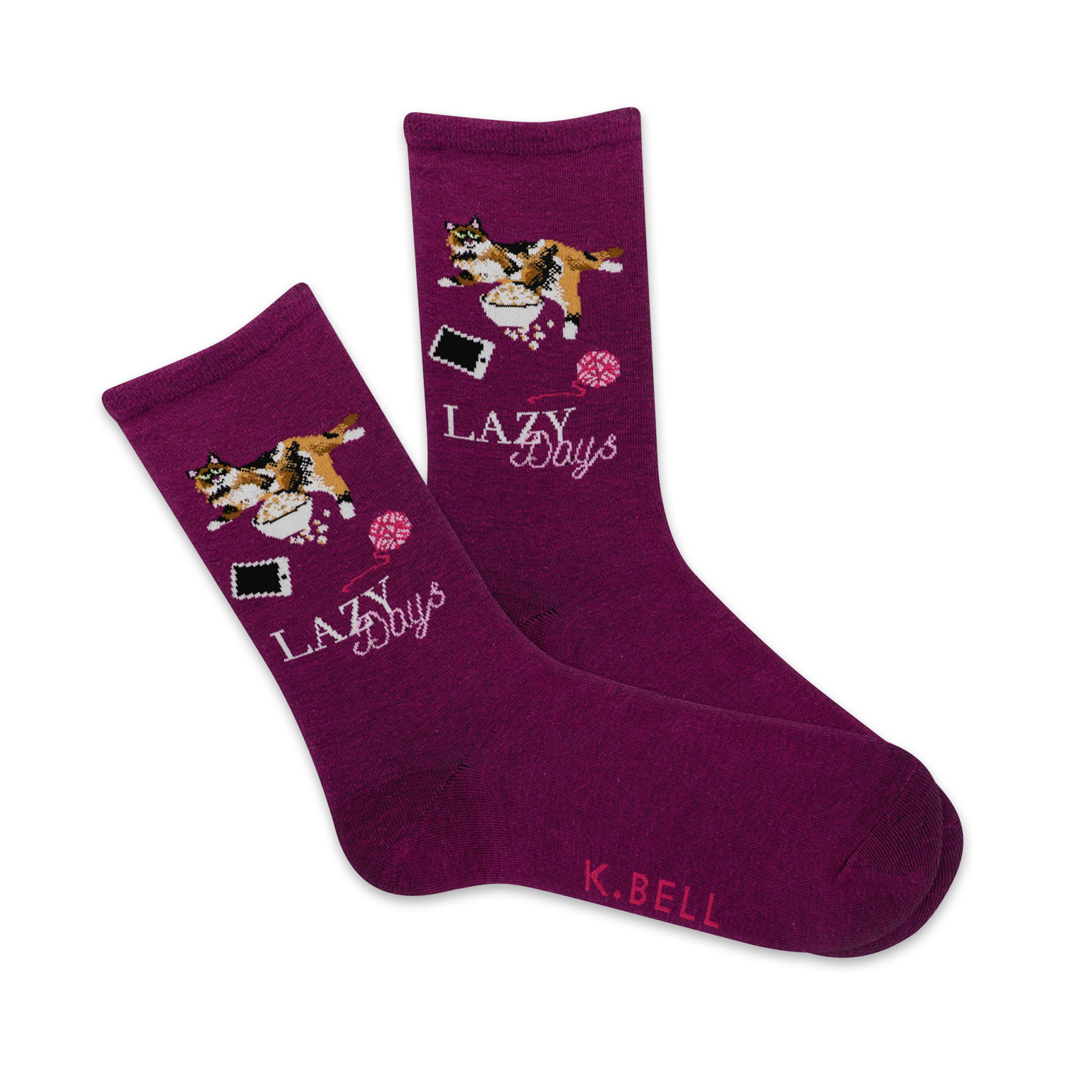 Pair of purple crew socks featuring a calico cat sprawled amidst yarn, a phone, and a bowl. Text reads, "Lazy Days."