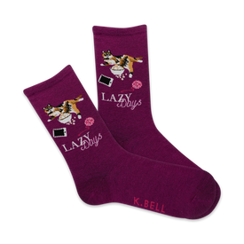 purple crew socks for women with a pattern of a lazy cat wearing a pink bow tie, resting on a pink pillow with yarn and a pink telephone nearby.   