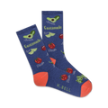 A pair of blue crew socks with a fun guacamole-themed design.  The socks feature illustrations of avocados, tomatoes, limes, and chilies.