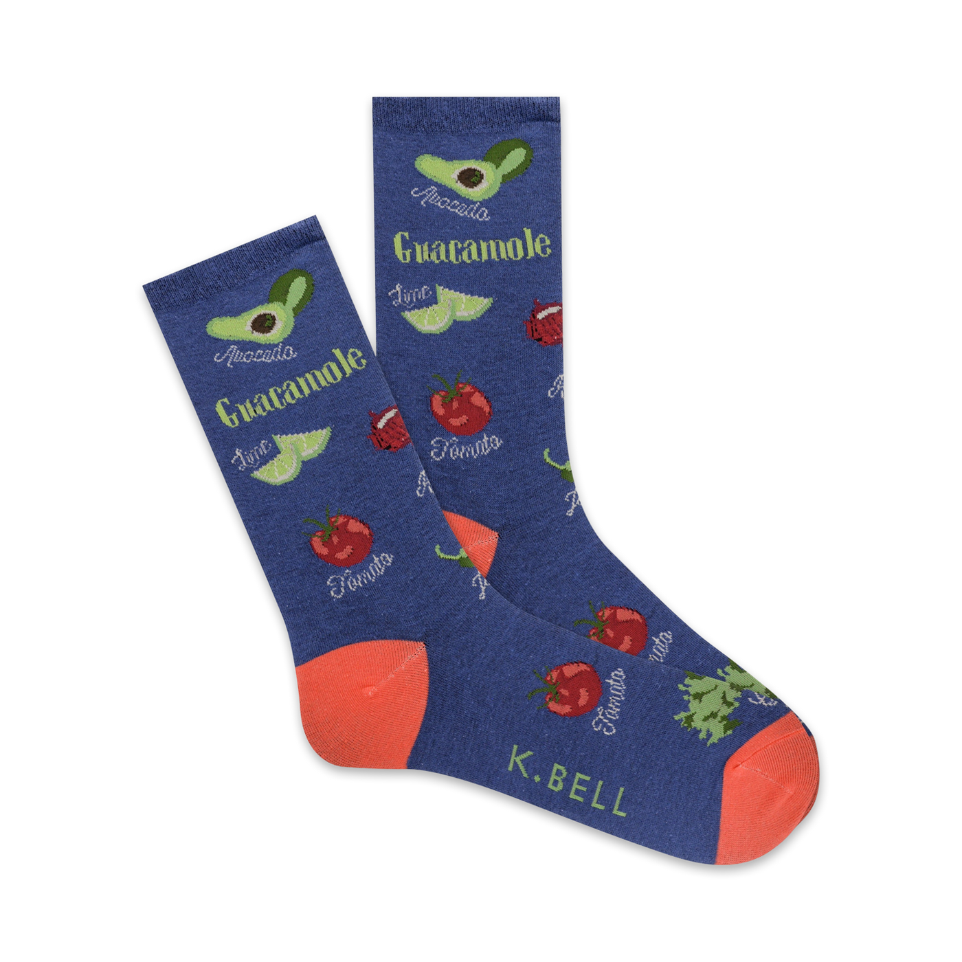 A pair of blue crew socks with a fun guacamole-themed design.  The socks feature illustrations of avocados, tomatoes, limes, and chilies.