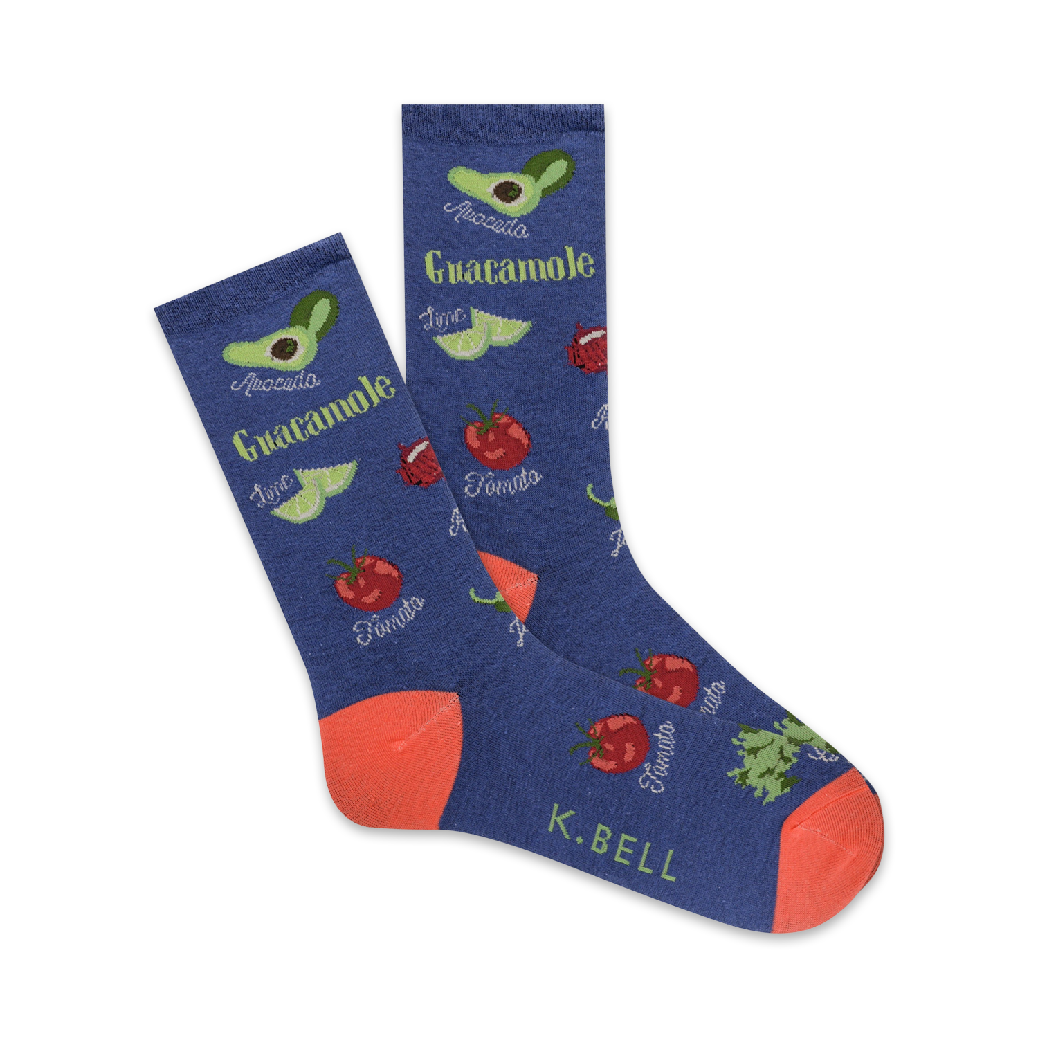 A pair of blue crew socks with a fun guacamole-themed design.  The socks feature illustrations of avocados, tomatoes, limes, and chilies.