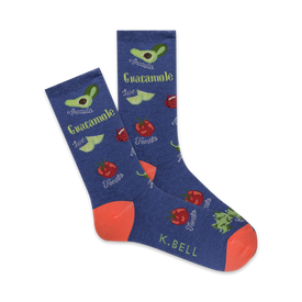 colorful crew socks with avocado, tomato, and lime pattern; "guacamoleâ€,â€œavocadoâ€, â€œlimeâ€, and â€œtomatoâ€ text; orange toe and heel. 