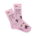 A pair of pink crew socks with illustrations of various dog breeds and the text 'Life Goal: Pet All of The Dogs'.