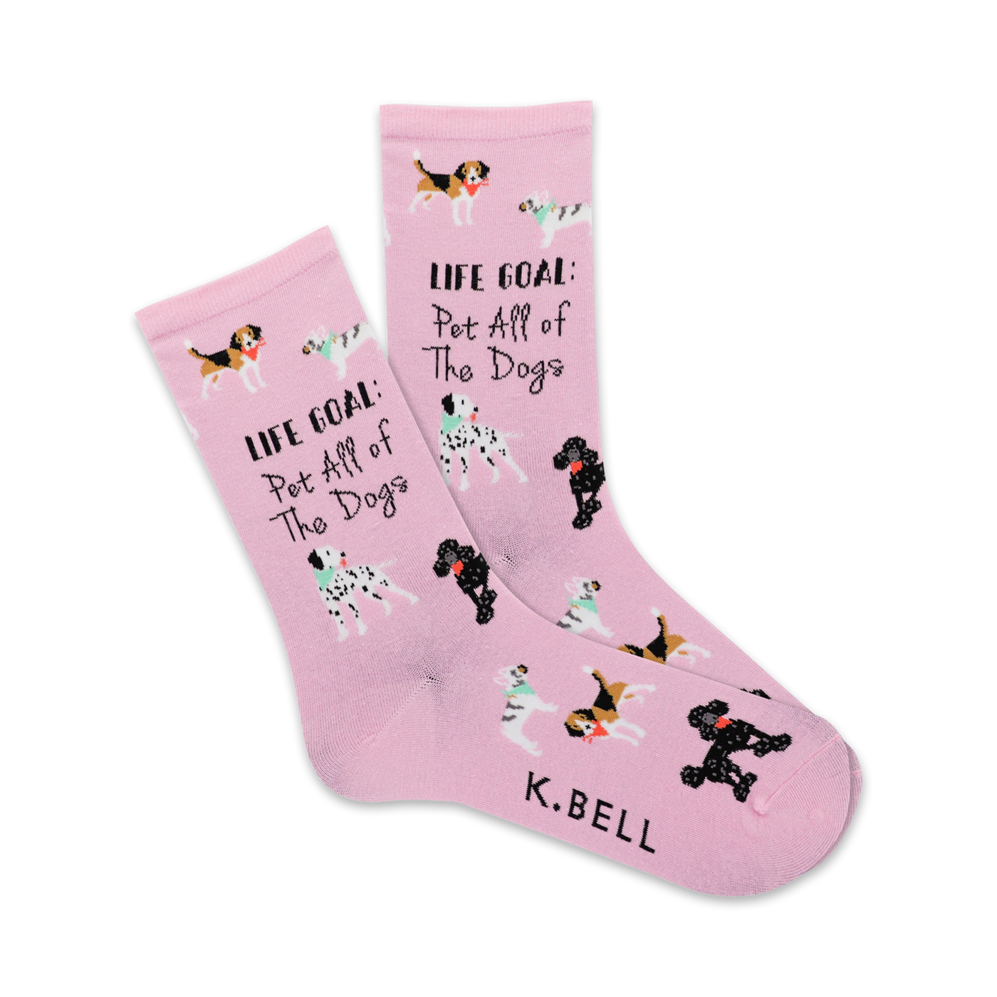 A pair of pink crew socks with illustrations of various dog breeds and the text 'Life Goal: Pet All of The Dogs'.