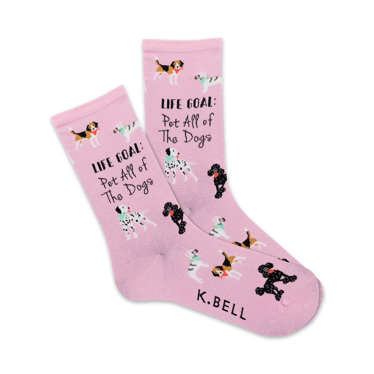 A pair of pink crew socks with illustrations of various dog breeds and the text 'Life Goal: Pet All of The Dogs'.
