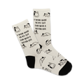 Cream crew socks with black cats and the text 'I work hard so my cat can have a better life.' Black heel and toe.