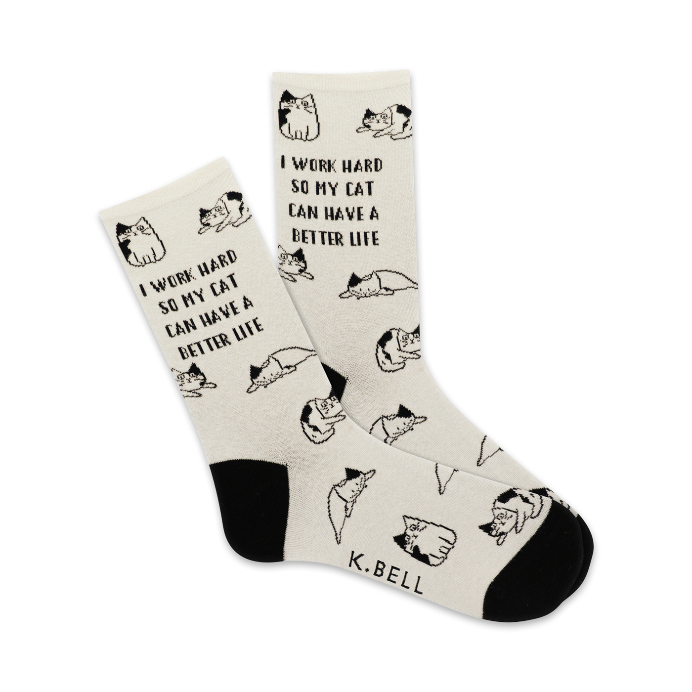 Cream crew socks with black cats and the text 'I work hard so my cat can have a better life.' Black heel and toe.