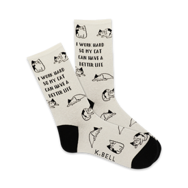 white crew socks with 'i work hard so my cat can have a better life' slogan and cat graphics.   