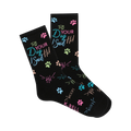 Pair of black crew socks featuring a playful design of pastel-colored paw prints and the phrase 'Tell Your Dog I Said Hi!'