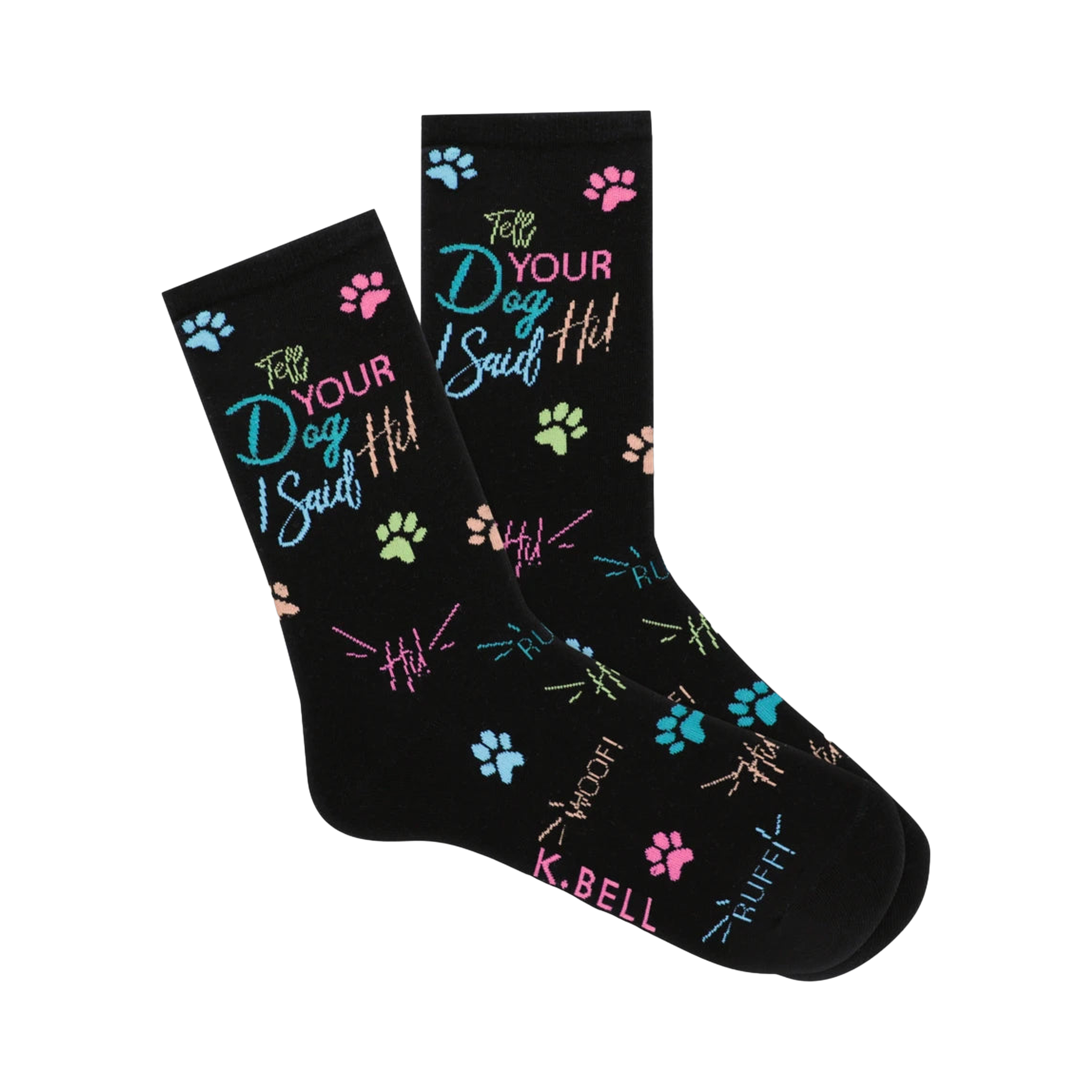 Pair of black crew socks featuring a playful design of pastel-colored paw prints and the phrase 'Tell Your Dog I Said Hi!'