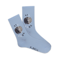 Pair of light blue crew socks with a yin yang design featuring two cats in gray and white.  'Yin Yang' and 'K.Bell' are printed on the socks.
