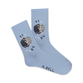 blue women's crew socks with a black and white cat curled up in a circle with the words "yin" and "yang" written on them.  