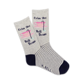 A pair of grey crew socks with thin navy stripes and a pink teacup graphic that says 'Calm the Hell Down'.