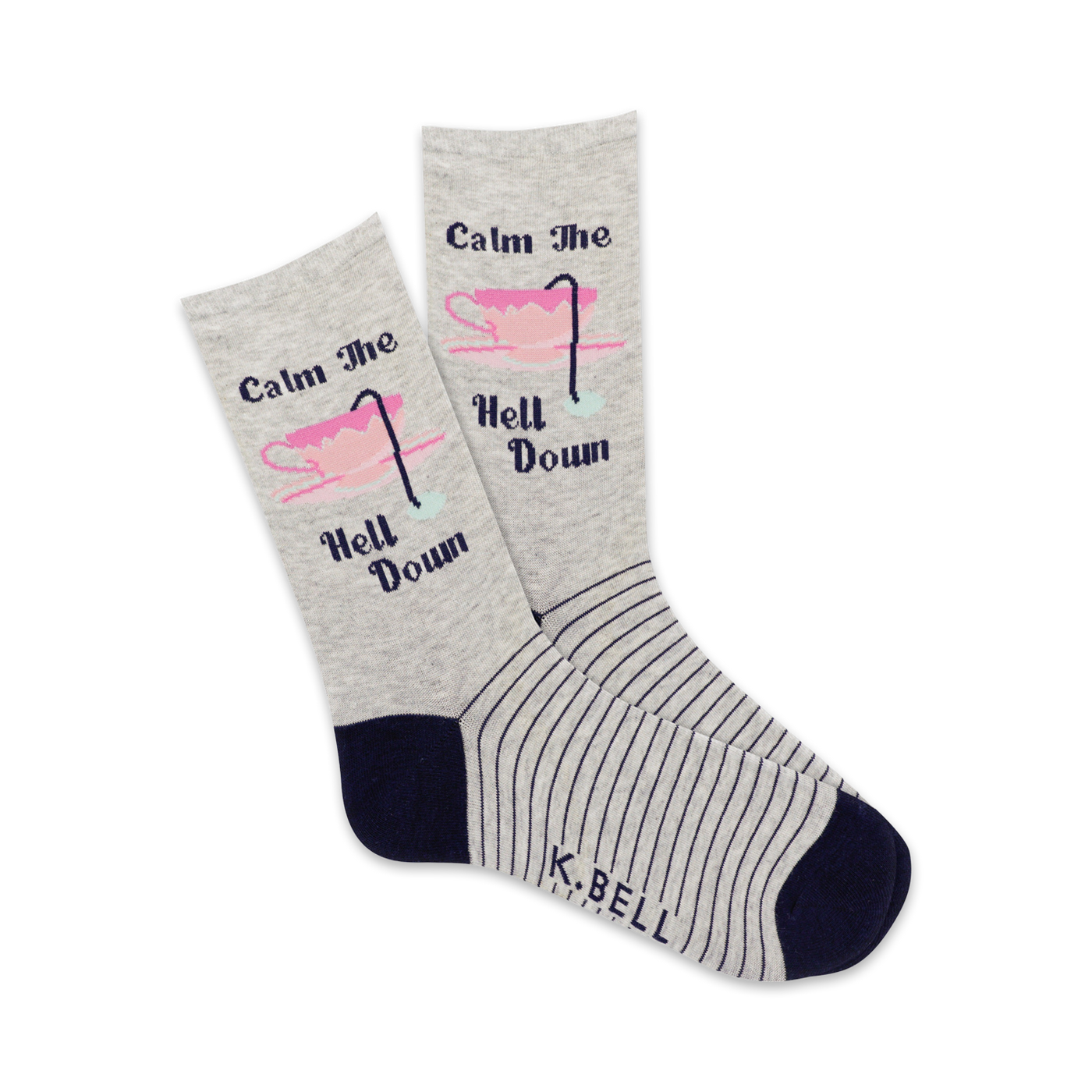 A pair of grey crew socks with thin navy stripes and a pink teacup graphic that says 'Calm the Hell Down'.