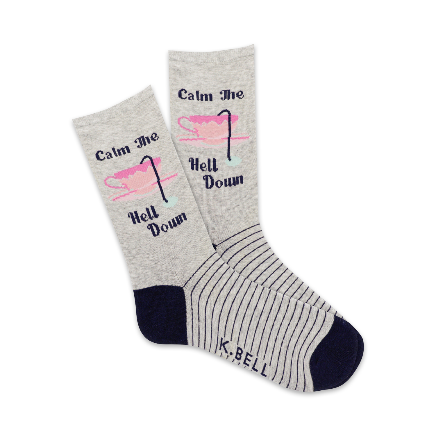 A pair of grey crew socks with thin navy stripes and a pink teacup graphic that says 'Calm the Hell Down'.