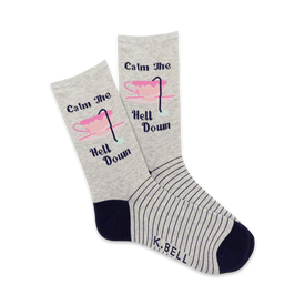 gray crew socks with pink teacups and "calm the hell down" text. perfect for sassy women who love tea.  