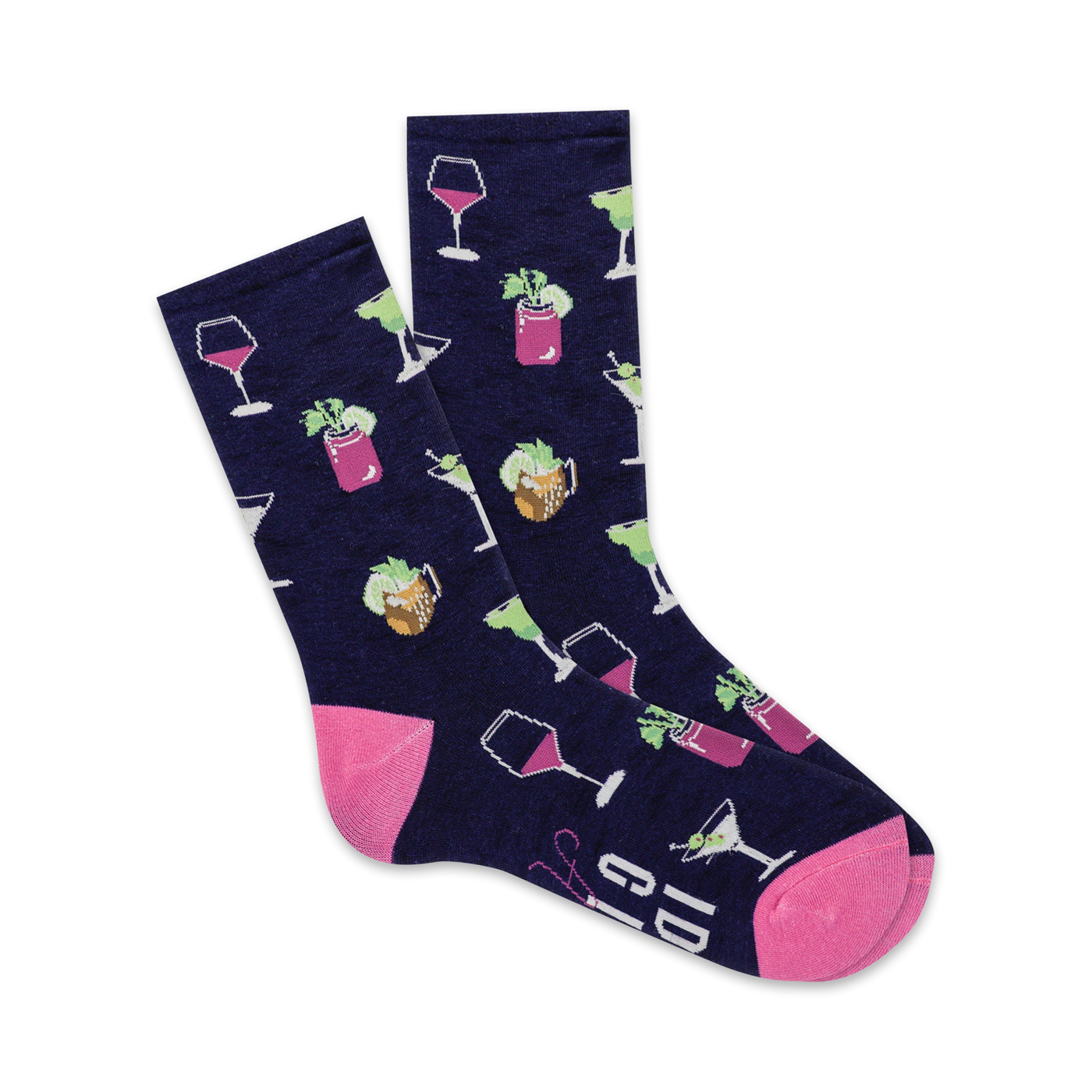 A pair of navy crew socks with a fun cocktail design. The socks feature pink and green illustrations of wine glasses, martinis, and other mixed drinks.