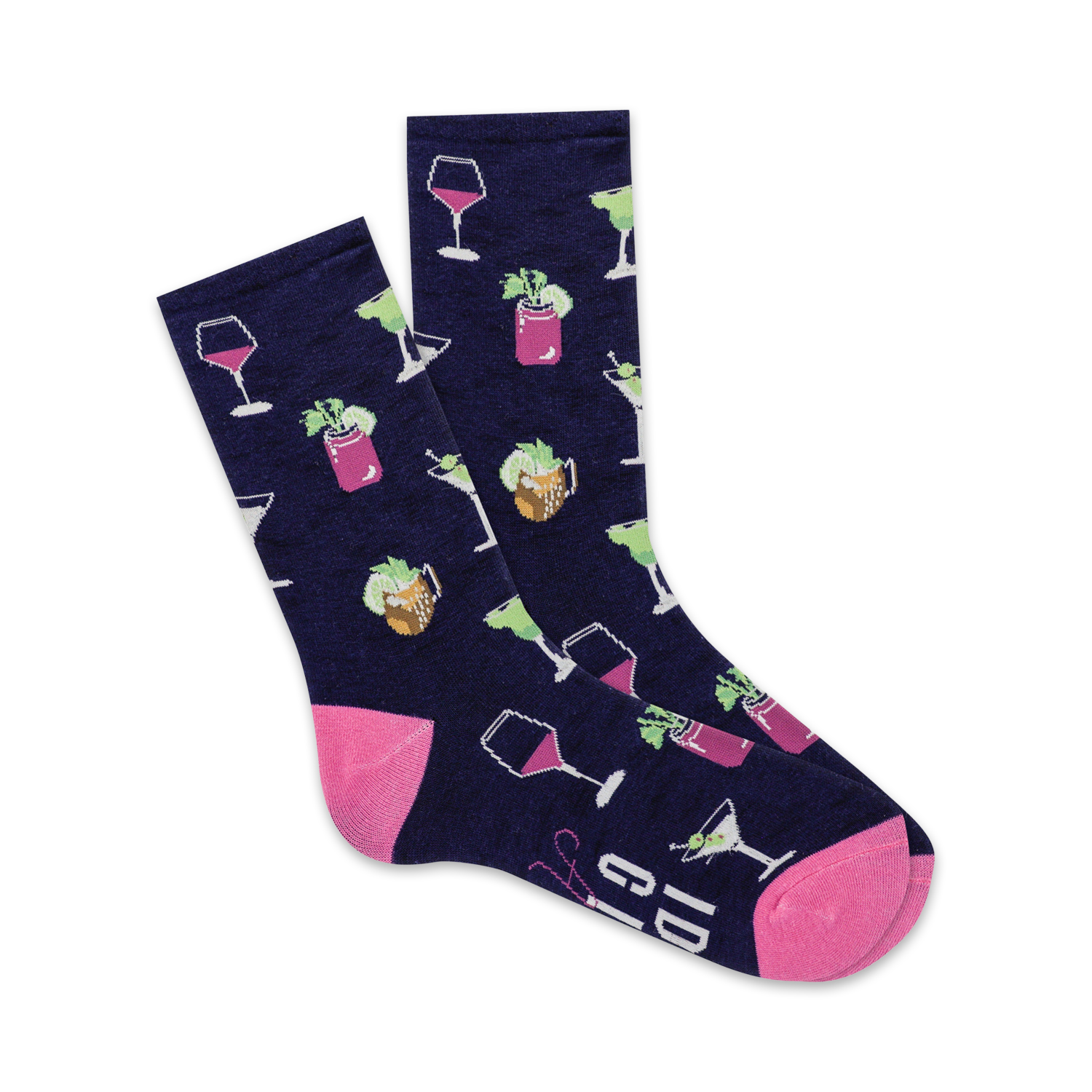 A pair of navy crew socks with a fun cocktail design. The socks feature pink and green illustrations of wine glasses, martinis, and other mixed drinks.