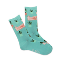 A pair of teal crew socks with a repeating pattern of potted plants and the phrase 'Staying Alive' in a retro font.