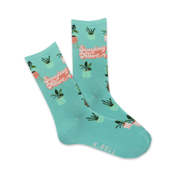 staying alive plant themed womens blue novelty crew socks